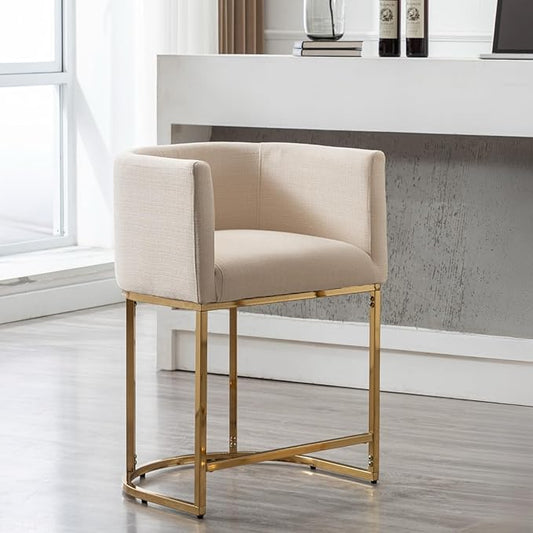 Contemporary Cream Linen Bar Stool, 24" Upholstered Fabric Counter Height Barstool Kitchen Counter Island Stool with Golden Metal Base, Cream