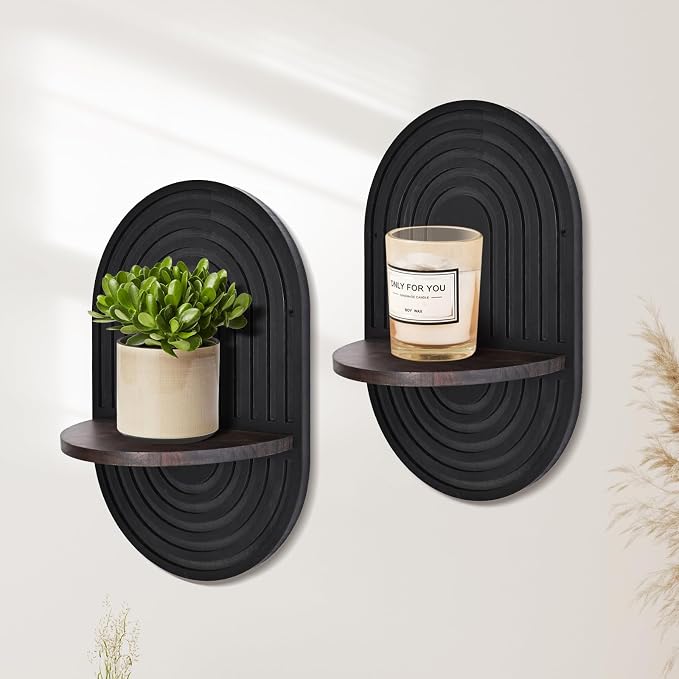 2 Pieces Boho Wall Shelf, Mid Century Shelves, Decorative Storage Unit, Black Plant Shelves, Wall Plant Holder,Floating Shelves
