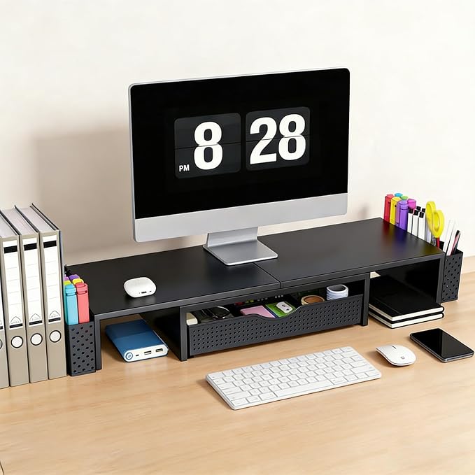 Spacrea Metal Desk Organizers and Accessories, Dual Monitor Stand Riser with Drawer and 2 Pen Holders, Book Racks, Desk Accessories & Workspace Desktop Organizers for Office Supplies (Black)