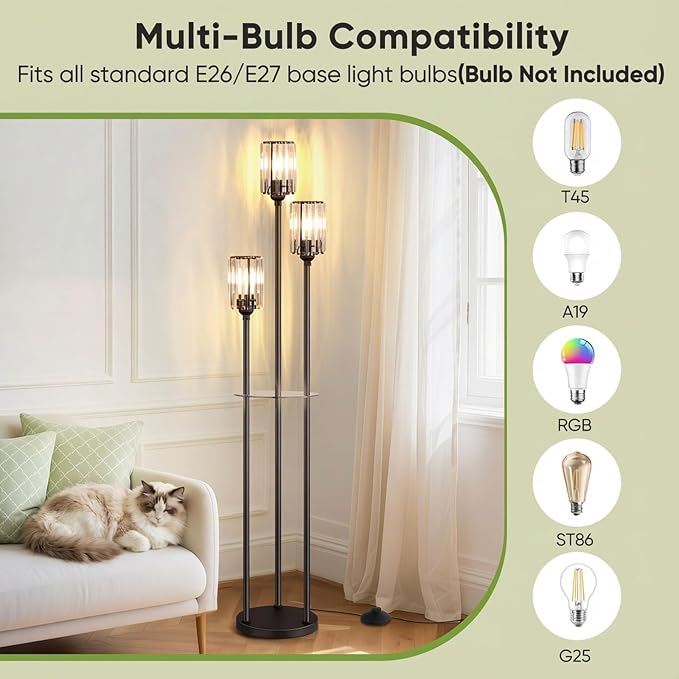 Crystal Floor Lamp for Living Room with Shelves, Industrial Modern Standing Black Lamp with Table for Bedroom, Glass Vintage Unique Tall 3-Lights Fancy Lamp with ON/Off Foot Switch Gold
