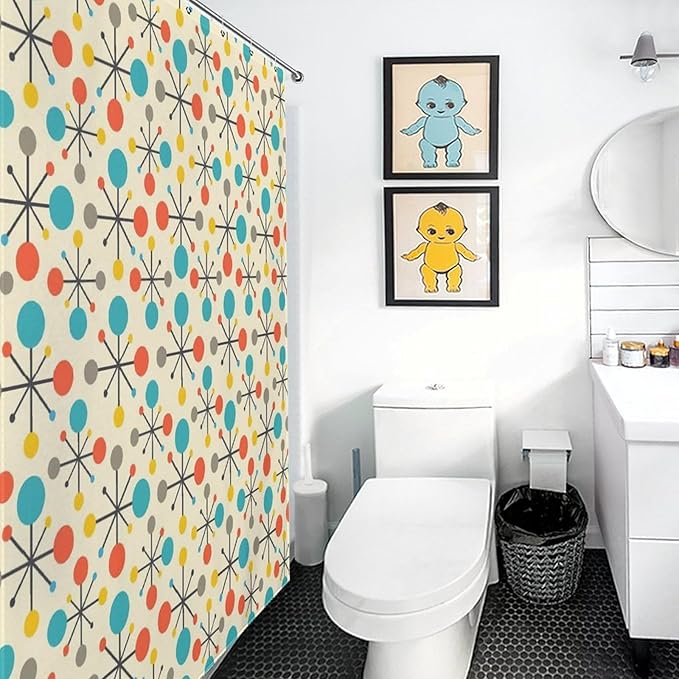 Mid Century Modern Shower Curtain,Atomic Retro Colourful Geometric Polka Dots Stripe Vintage 1950s Bathroom Curtain Polyester Waterproof Fabric Decor 66x72in（168x183cm）