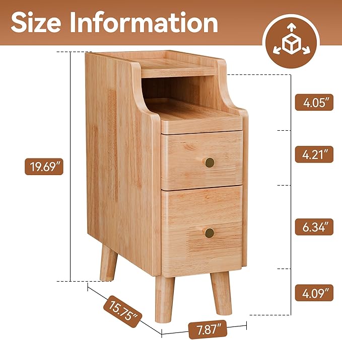 Narrow Nightstand with Drawers, 19.7" H Pre-Assembled Solid Wood Small Skinny Night Stand with Open Sliding Shelf, Mid Century Modern Slim Bedside Table for Bedroom, End Side Table, Natural Oak