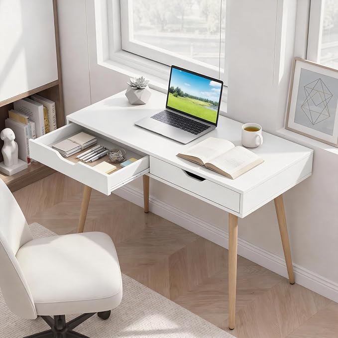 Giantex Mid-Century Desk with 2 Drawers, 42.5" Writing Study Desk with Tapered Legs, Home Office Computer Workstation PC Laptop Desk, Modern Makeup Vanity Table for Bedroom (White & Natural)