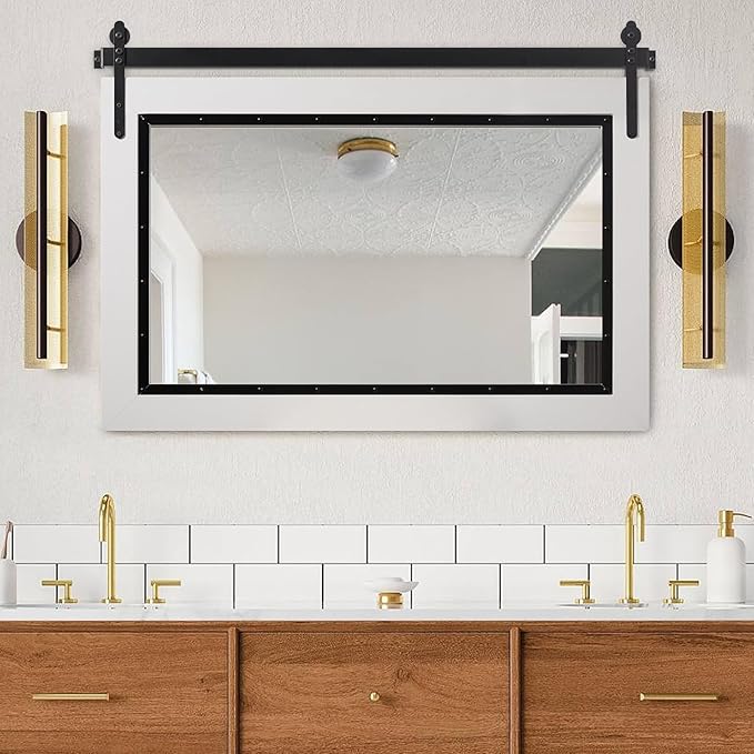 YOSHOOT Farmhouse Barn Door Mirror, 40"x26" Rustic Bathroom Mirror, Wood Frame Wall Mirror, Wooden Mirror for Living Room Bedroom Entryway Wall Décor, Horizontal Hanging ONLY