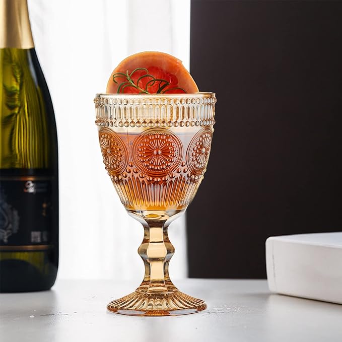 Vintage Wine Glasses Set of 6, 10 Ounces Colored Glass Water Goblets, Unique Flower Embossed Pattern High Clear Stemmed Glassware Wedding Party Bar Glass Drinking Cups Flower Amber Fancy Glasses