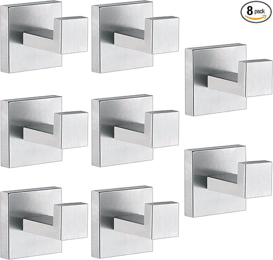 Towel Hooks For Bathrooms, Brushed Nickel Towel Hook For Kitchen Bathroom, SUS304 Stainless Steel Coat Hook, Square Heavy Duty Holder Robe Hooks For Hanging Towels,Coats,Sponges,Wall Mount, 8 Pack