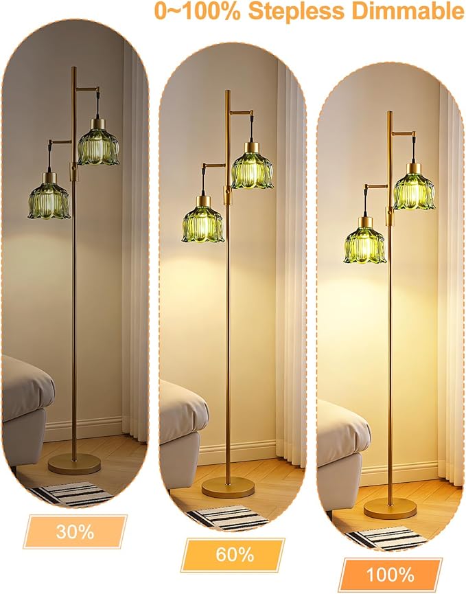 2-Light Modern Glass Floor Lamp, Gold Tall Standing Lamp with Green Flower Glass Shade for Reading, Dimmable LED Floor Lamp with 5Lbs Heavy Base for Living Room Bedroom Home Decor, Bulb Included