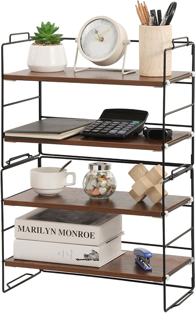 KATHY&BOB Wood Desk Shelf Organizer, 2-Tier Desktop Supplies Storage Rack, Adjustable Stackable Desk Shelf for Office, Kitchen, Bathroom, 15.75"*12.2"*7.87" (2 Sets)