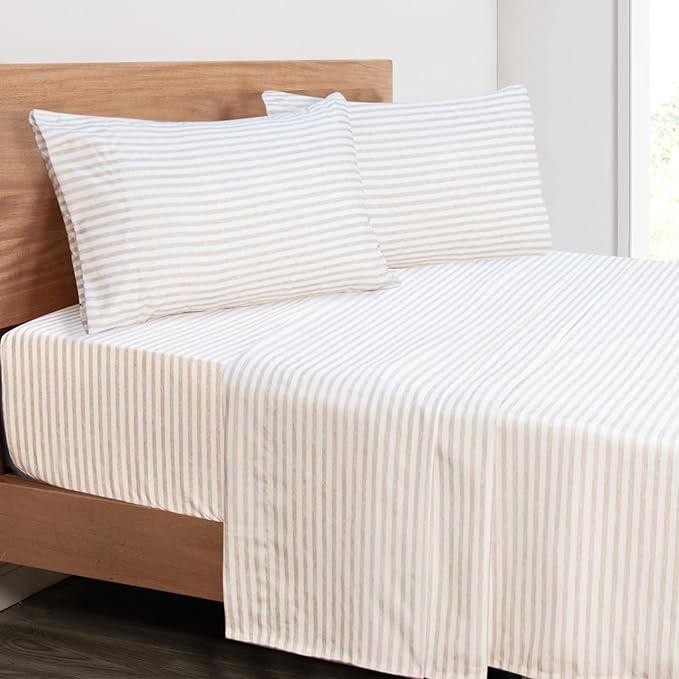 Mejoroom Striped King Size Sheet Set - Soft Microfiber Bed Sheets,Deep Pocket Fitted Sheet, Soft, Breathable, Wrinkle & Fade Resistant - 4 Piece (Beige Stripe)