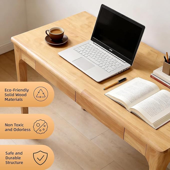 Solid Wooden Desk with Drawers, Small Writing Desk with Drawers for Computer, PC Desk for Work, Study or Gaming, Easy to Assemble