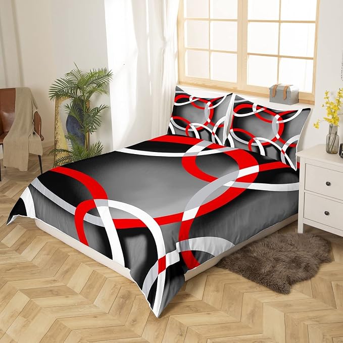 Feelyou Geometric Bedding Set Modern Retro Circle Grommet Comforter Cover for Kids Adult Abstract Stripe Line Art Duvet Cover Grey Red Black White Stripes Swirl Bed Set 3Pcs King Size (No Comforter)