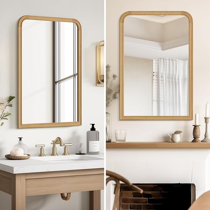 HOMECOOKIN 24" x 36" Wood Framed Mirror Bathroom Mirrors for Wall, Natural Arched Wood Bathroom Vanity Mirror for Entryway, Living Room or Bedroom Home Decor