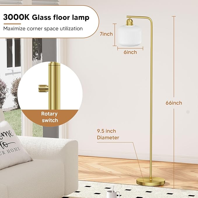 Glass Floor Lamp for Living Room, Modern Standing Lamp with White Glass Lampshade & Brushed Gold, Stepless Dimmable and Rotary Switch, 66” Tall Lamp & Gold Floor Lamp for Bedroom Study Room