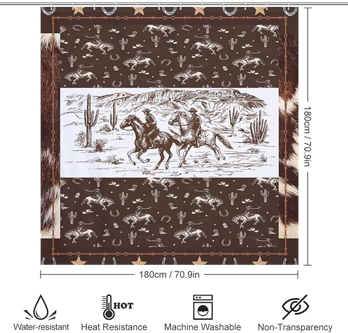 Western Horse Cowboy Shower Curtain for Boys Men Kids Teens Rustic Country Wild West Waterproof Shower Curtains for Bathroom Decor 12 Pack Hooks 72x72in (183x183cm)