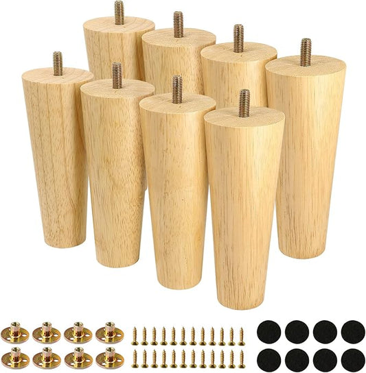FoDau770 Rubber Wood Furniture Legs 6 Inches, Straight Tapered Wood Feet Mid Century Sofa Legs Set of 8, 5/16" UNC Furniture Feet Replacement Parts for Cabinet Couch Dresser Chair Ottoman Table