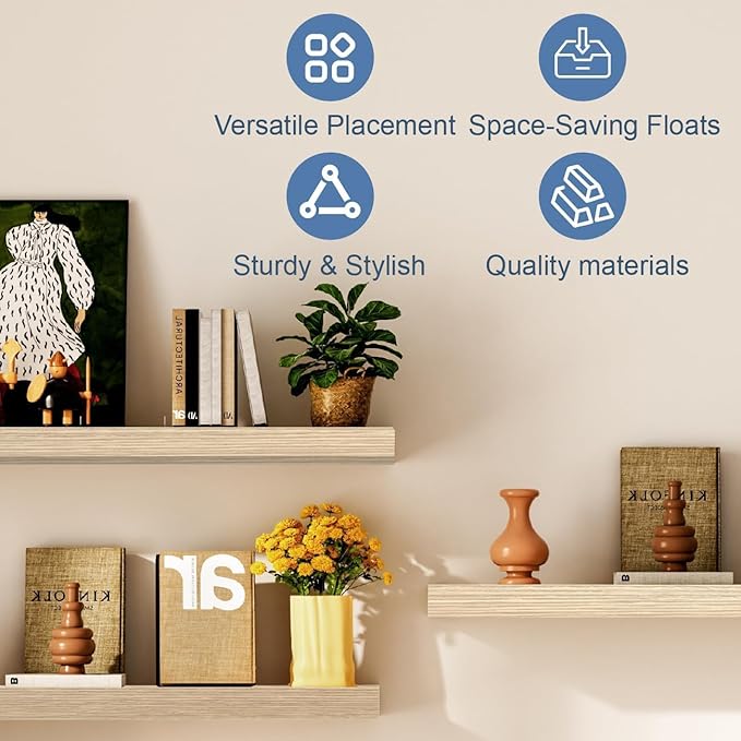 Floating Shelves, Oak Wooden Set of 3 Wall Mounted Bathroom Shelves Over Toilet, Modern Small Hanging Shelves for Bedroom Living Room Kitchen Farmhouse Home Decor, 12" x 7" x 1.5"