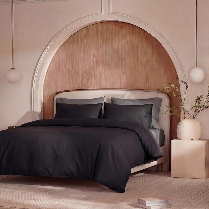 100% Washed Cotton Duvet Cover King Size – Solid Black, Linen-Like Texture, Super Soft & Breathable Bedding Set, 3-Piece Durable Percale Comforter Cover
