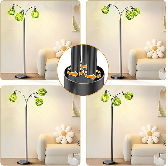 Arc Floor Lamps for Living Room, Dimmable Floor Lamp with Green Flower Glass Shades and 3 Brightness Lights, Adjustable Arm, Modern Tree Tall Standing Lamp Corner Arched Light for Bedroom Decor