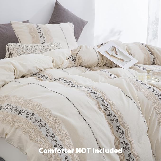 Beige Boho Linen Cotton Duvet Cover King Size, Soft Natural Bedding Set for Year Round Comfort -1 Textured Duvet Cover 104x90 Inches with Zipper Closure, 2 Pillowcases