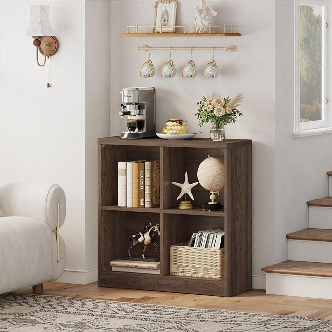 FATORRI 4 Cube Storage Organizer Bookshelf, Small Cube Bookcase, Wood Cubby Shelf for Living Room, Home Office, Bedroom (Dark Walnut, 29.53 Inch)