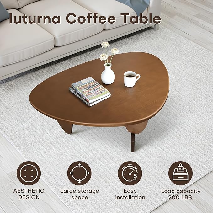 Mid Century Modern Solid Wooden Coffee Table,Small UniqueTriangle Wood Center Tables, Sturdy TeaTable Suitable for Living Room Bedroom Balcony Patio Walnut