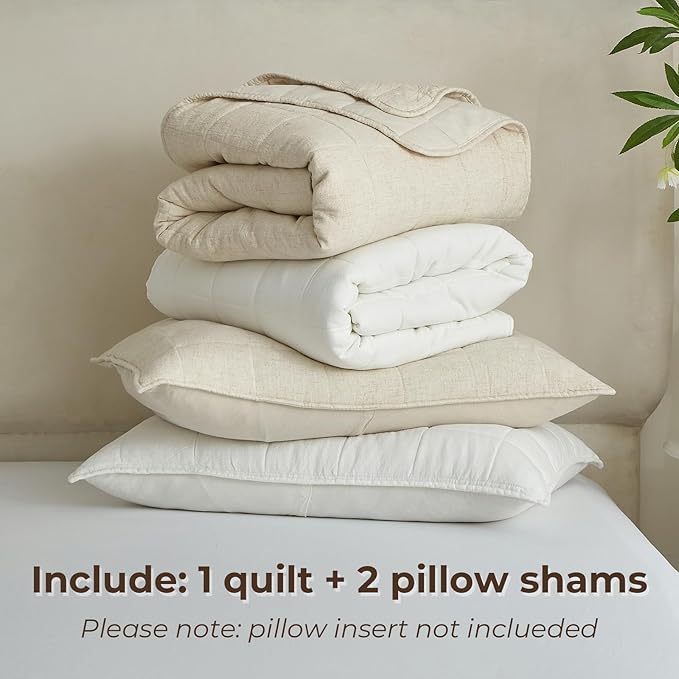 Powdion 100% French Linen Quilt King, Pre-Washed Linen Front Cotton Back Quilt Comforter Breathable Bedding Set for All Season, Lightweight Cotton Quilt King Size, 3 Pieces Cream Bedspread