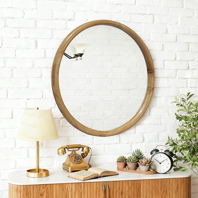 Round Wood Framed Wall Mirror Mid-Century Modern Decorative Bathroom, Bedroom, Entryway