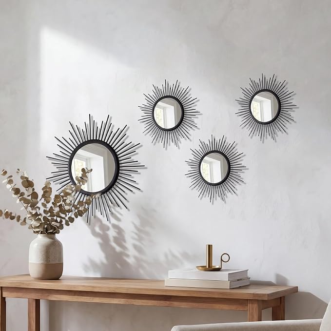 4 Set Metal Sunburst Mirrors for Wall Decor Living Room Bedroom Bathroom Dining Room Boho Gold Decorative Hanging Circle Vintage Art - Gold/Black/Silver 11.8 in/7.8 in