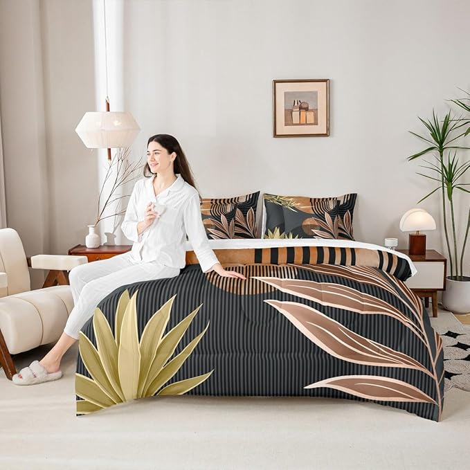 Erosebridal 7 Piece Boho Mid Century Bedding Sets King Modern Minimalist Simplistic Comforter Set,Retro Geometric Aesthetic Bed in a Bag Line Art Sheet Set with Comforter,Brown Black