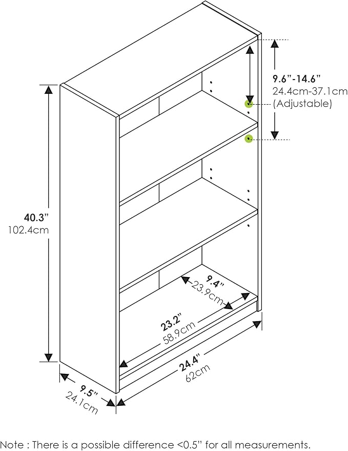Furinno JAYA Book Shelf, 3-Tier Bookshelf, Bookcase with Adjustable Shelves, 9.5 x 24.5 x 40.3, for Organization and Storage, for Living Room, Bedroom, Home Office, Pink