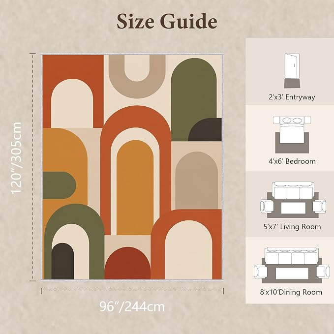 Mid Century Arch Area Rug 8x10, Terracotta Geometric Abstract Rug, Retro Modern Color Block Washable Low Pile Non Slip Rug for Living Room Bedroom