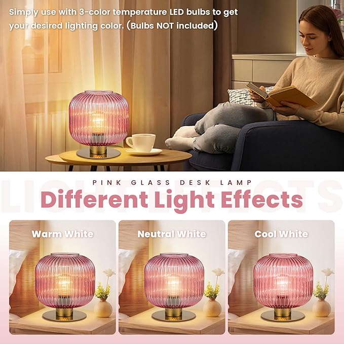Small Bedside Table Lamp, Pink Bedside Lamp Globe Table Lamps with Striped Glass Shade, Modern Bedroom Nightstand Lamp Living Room Side Table Lamp Decorative Table Lamps for Girls Women