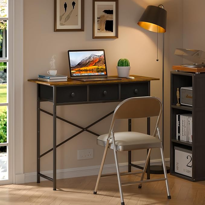 Small Writing Desk with 3 Drawers for Bedroom, 37.2 Inch Computer Desk for Small Spaces, Simple Desk with Drawers for Kids Bedroom, Home Office, Dorm, Living Room, Home Study Table, Rustic Brown