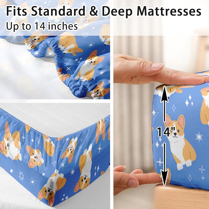Pamnest Full Size Bed Sheet Sets, Kawaii Cute Corgi Soft Microfiber 4 Pcs Bedding Sets for Kids and Adults Bedroom Bed Decor, Dog Animal Flat, Fitted Sheet and 2 Pillowcases