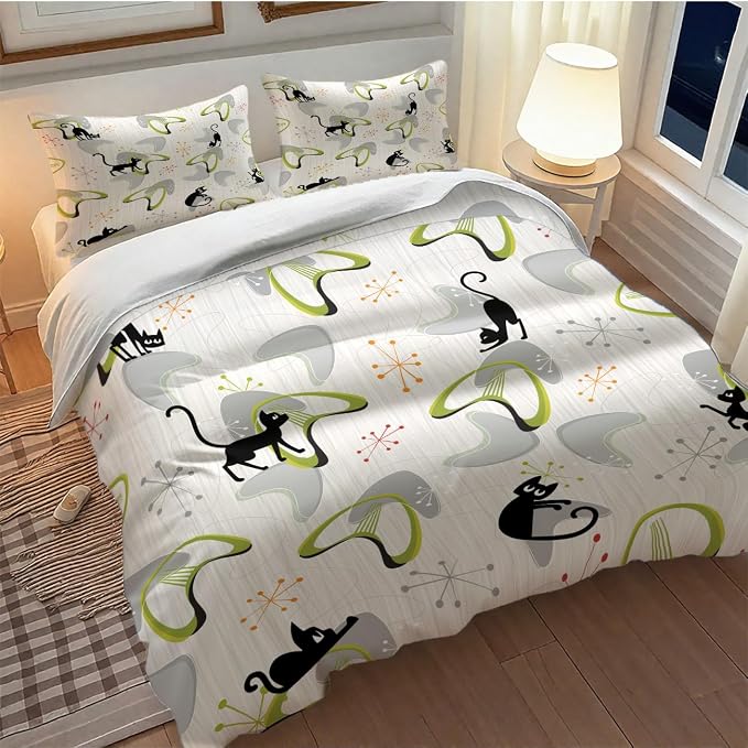 Mid Century Bedding Set,Retro Black Cat Atomic Diamond Star 1950s 1960s Abstract Geometric Minimalist Simple Modern Comforter Set with Pillowcase for Bedroom Bed Decor，Twin 86"x70"