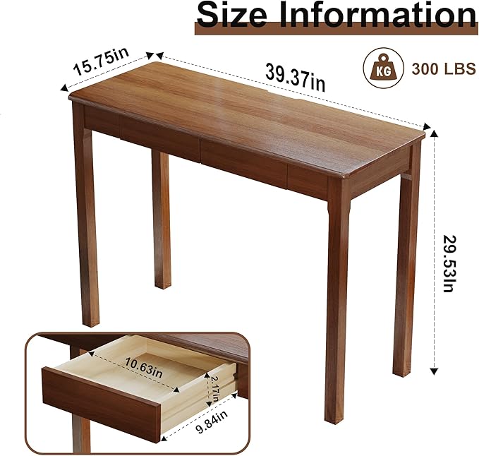 Solid Wood Desk with Drawers - 39" Narrow Desks for Small Spaces, Mid Century Modern Computer Desks, Wooden Vintage Writing Desk, Small Study Table for Home Office Bedroom, Walnut