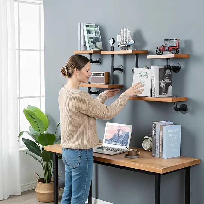 Industrial Rustic Modern Wood Ladder Pipe Wall Mounted Floating Shelves - Set of 3 Bookshelf,DIY Storage Shelving,Hung Bracket,Bookcase (Set of 3 Ladder Shelves)