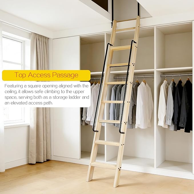 108in Attic Rolling Library Ladder, 9 Step Wooden Ladder with,Loft Ladder Bookshelf,Wall Stairs Red Oak Stair Platform Bunkbed Ladder,for Home Kitchen,Warehouses,Bookstore,DIY Stain