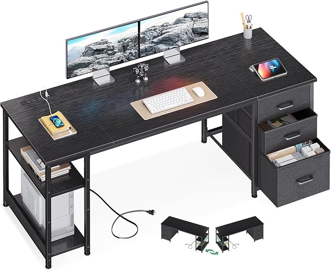 AODK 63 Inch Computer Desk with Drawers & USB Power Outlets, Reversible Home Office Desk with Storage Shelves, Work from Home, Modern Work/Writing/Study Table for Bedroom, Black