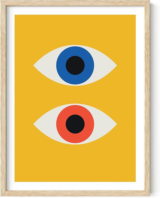 HAUS AND HUES Mid-Century Bauhaus Art Print – Evil Eye Retro Wall Decor, Yellow Geometric Abstract Poster (Beige Frame, 12x16)