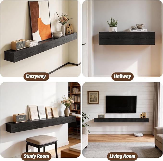 Floating Solid Wood Console Table, 71'' Wall Mounted Narrow Entryway Table with Storage Shelf, Modern Couch Shelves Small Entry Way Tables for Entryway, Front Hall, Hallway (Black, 70.86IN)