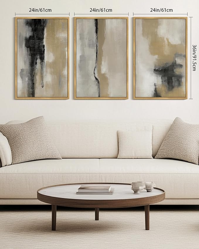 KUVIOKE Black Gray Abstract Framed Wall Art Neutral Wall Decor Minimalist Modern Illustrations Art Print for Living Room Bedroom 24x36in (Natural Framed)