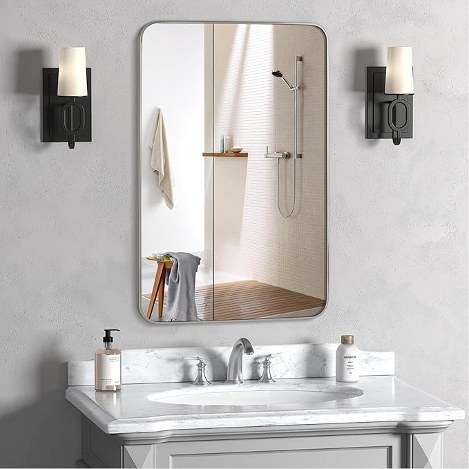 Bathroom Mirror Brushed Nickel, 20 x 30 Inch Metal Frame Rectangle Mirror Rounded Silver Modern Vanity Mirror Anti-Rust for Bathroom, Farmhouse Wall Mounted Vertically/Horizontally