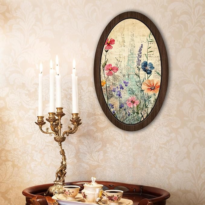 UYIKG Vintage Cottagecore Floral Wall Art,Floral Botanical Oval Framed Wall Decor,Rustic Farmhouse Cottage Core Wooden Framed Decor for Theme Room Home Bedroom Living Room Home Office 9x14.6 in