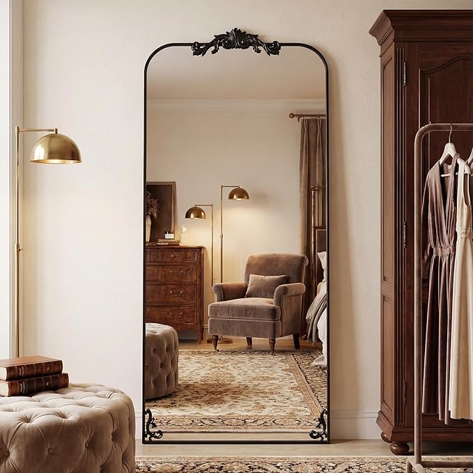 Antok Arched Full Length Mirror, 32"x71" Floor Mirror with Carved, Full Body Mirrors for HomeDecor, Standing/Halling Large Wall Mirror for Bedroom, Living Room, Cloakroom, Black, Luxury Style
