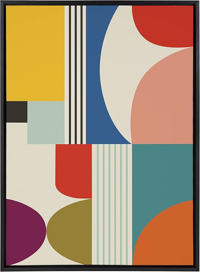 Kate and Laurel Sylvie Mid Century Modern Pattern Framed Canvas Wall Art by Rachel Lee of My Dream Wall, 28x38 Black, Colorful Abstract Art Print for Wall