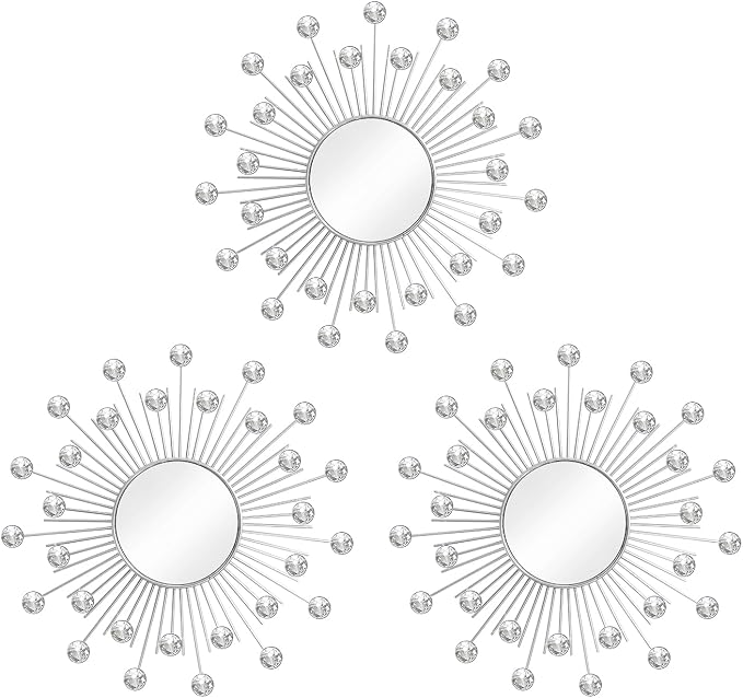 3 Pack Metal Mirrors for Wall Sunburst Wall Mirrors Home Décor Decorative Hanging Wall Art for Living Room Bedroom Entryway (Silver2 Crystal, Sunburst)