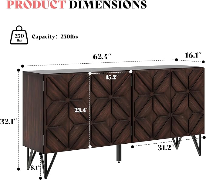 AMERLIFE 63” Solid Acacia Wood Sideboard Buffet Cabinet, Hand-Carved Geometric Door Console with Adjustable Shelves for Hallway, Living Room or Kitchen, Dark Walnut