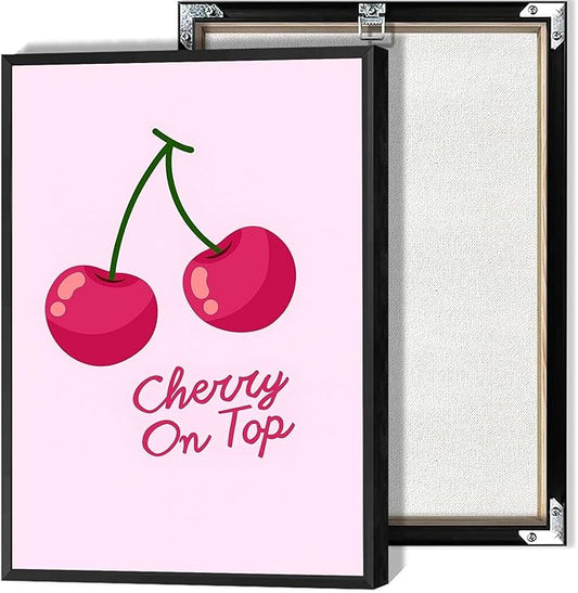 "Cherry On Top" Playful Cursive Font Canvas Wall Art Retro Inspired Style Posters Pink Aesthetic Prints Sweet And Cheerful Vibe Wall Decor For Living Room Bedroom Dorm Decor 8x12in Unframed