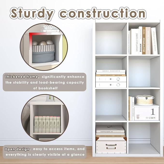 Endearing Limons【2026 Wooden Thick Border 8 Cube Shelf Storage Organizer with Anti-Tipping Kits + Reversible Open Back Bookcase (11 x 11 Unit Cell White)